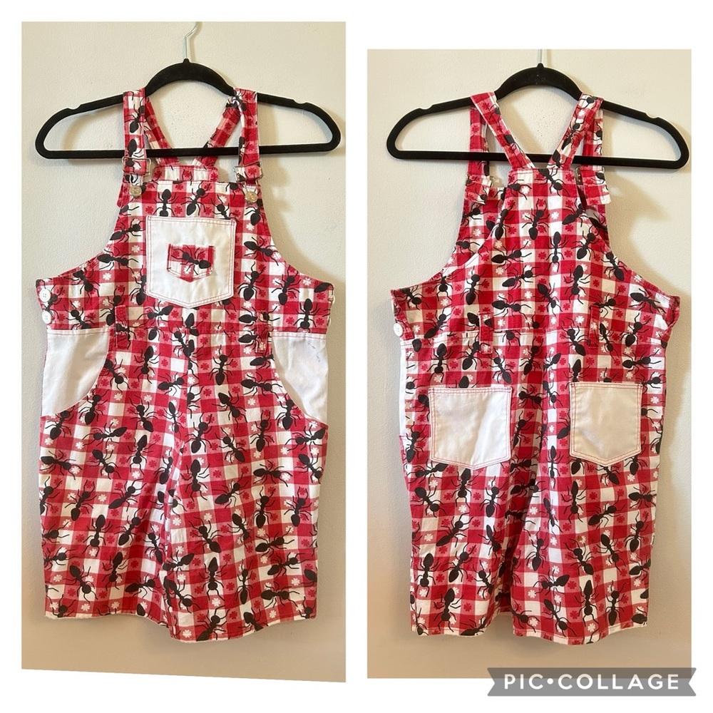 Vintage 70s 80s Handmade Picnic Ant Red Plaid Cotton Shortalls Overalls Novelty